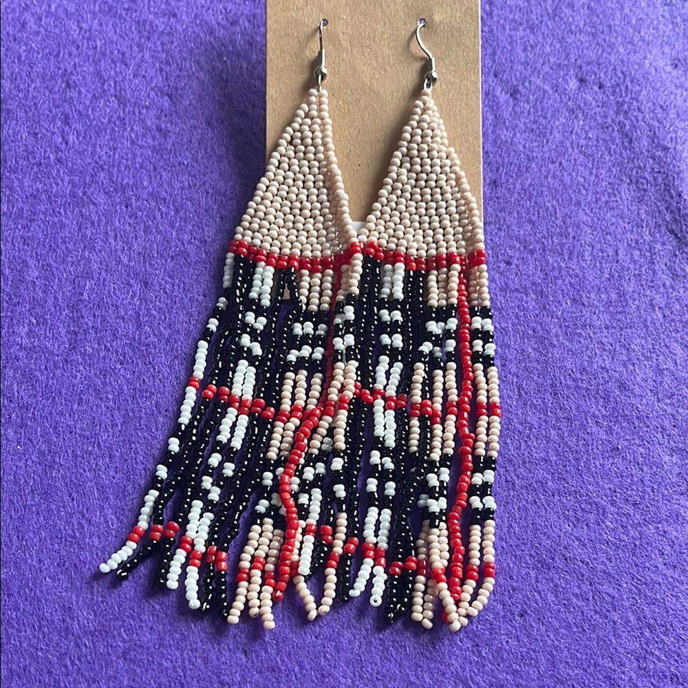 Elegant Beaded Fringe Earrings - Red, Black, Cream
